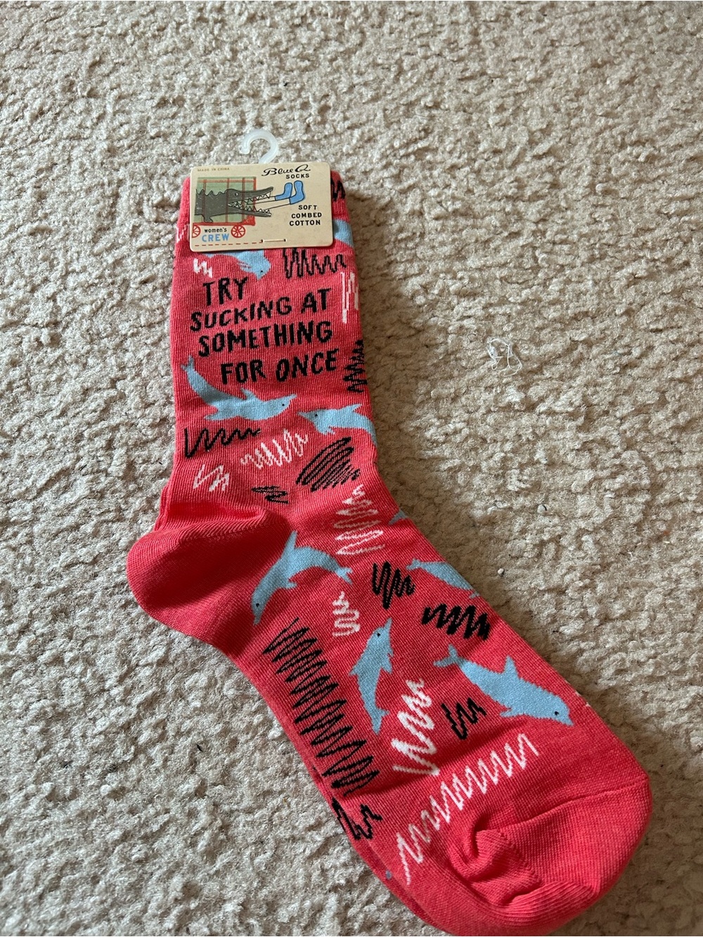 Blue Q Red Crew Socks with Light Blue Dolphin Pattern